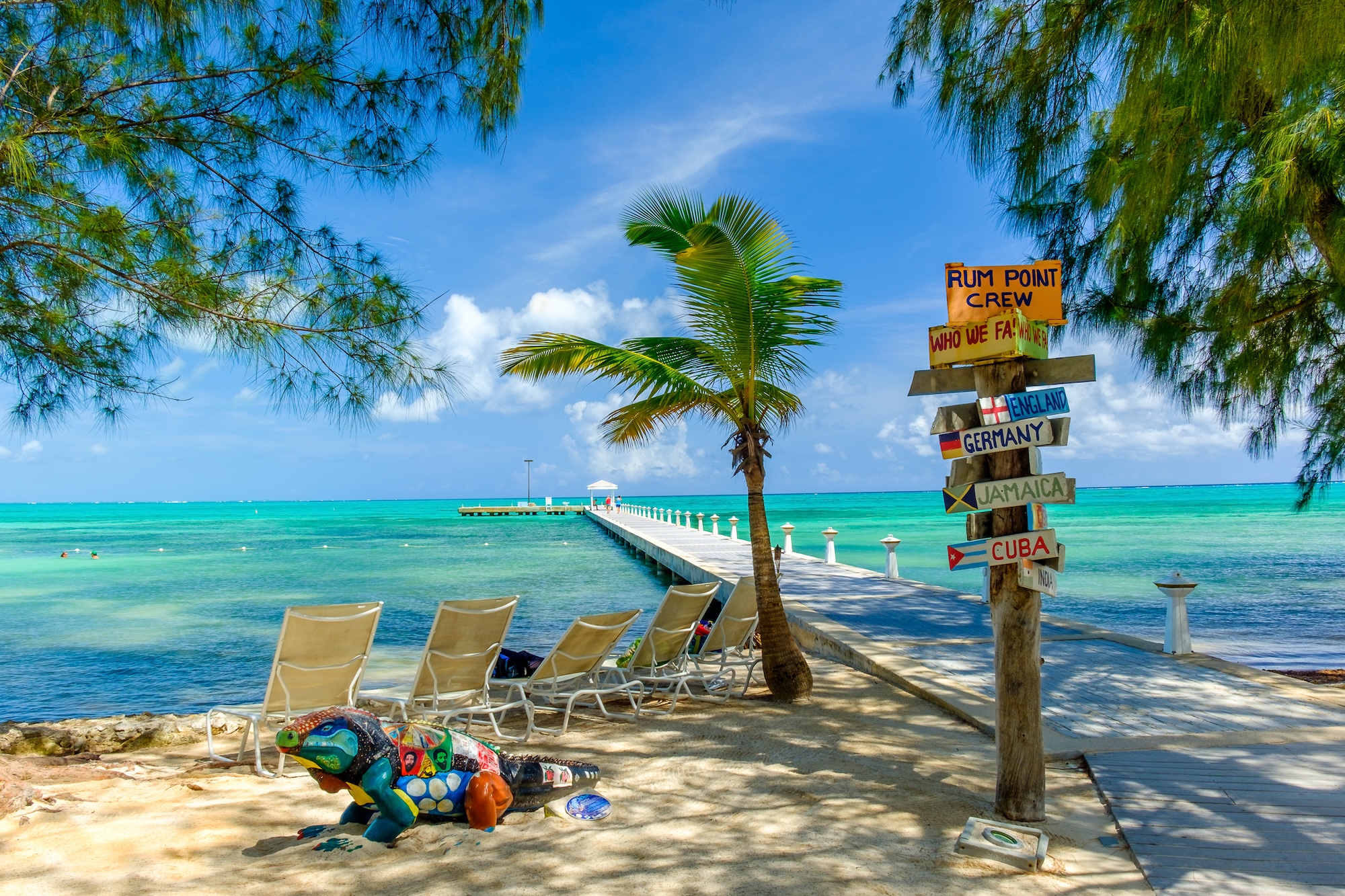 Rum Point beach pier in Grand Cayman with turquoise Caribbean water, palm trees, lounge chairs, and a colorful directional sign post
