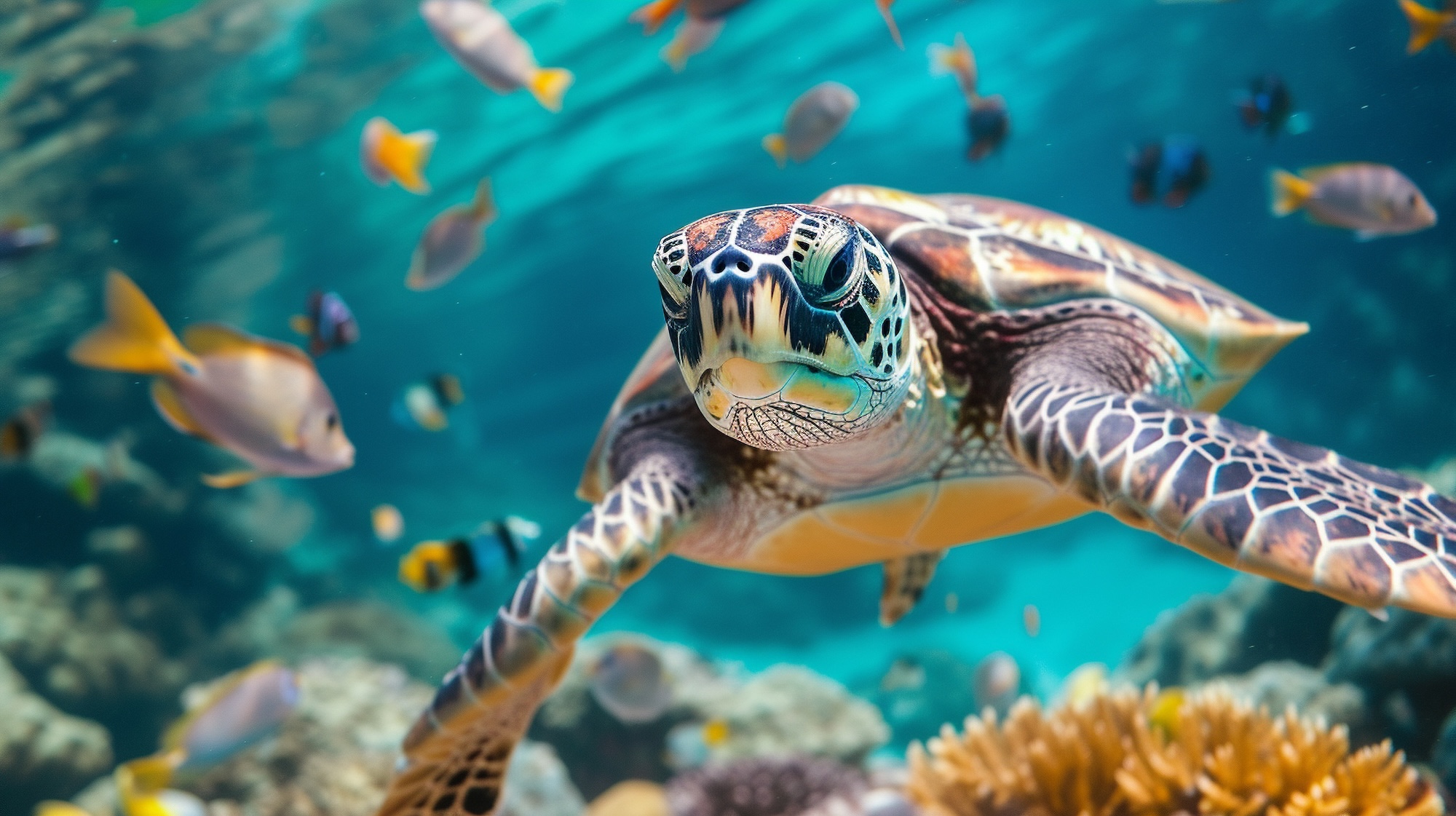 Green sea turtle swimming over coral reef with tropical fish in Caribbean waters